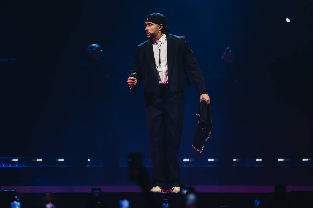 Bad Bunny performs during his Most Wanted Tour at T-Mobile Arena on Friday, Feb. 23, 2024, in L ...
