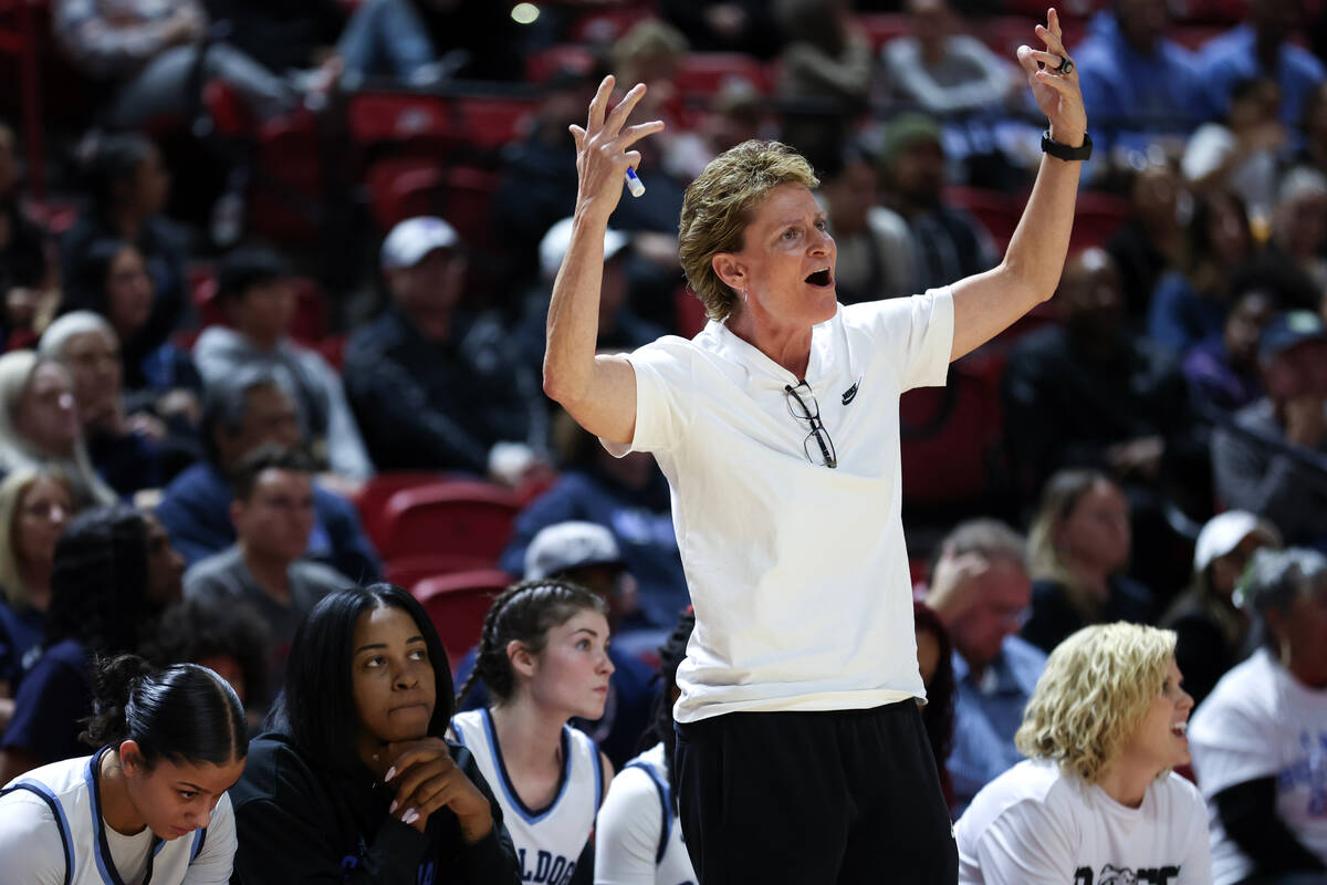 Centennial head coach Karen Weitz shouts from the sidelines during the first half of the Class ...