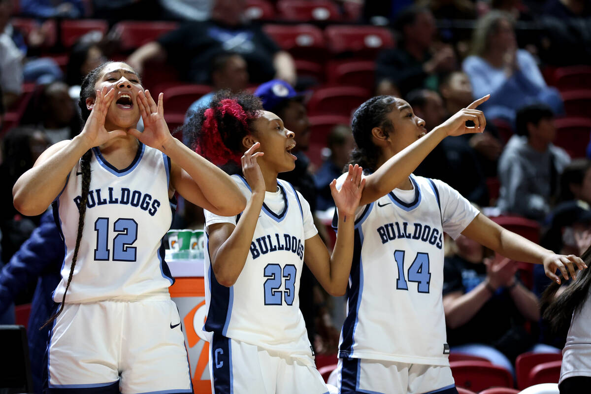 The Centennial bench cheers for their team during the second half of the Class 5A girls basketb ...