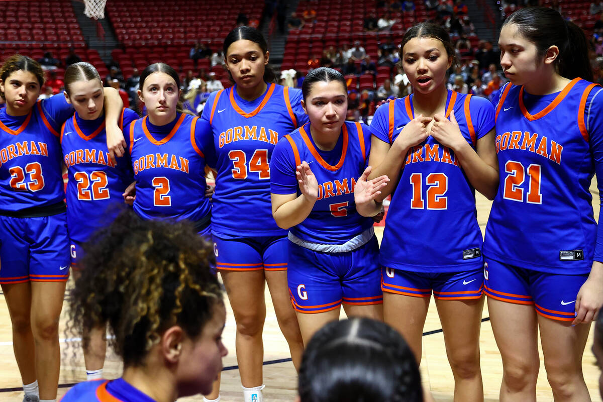 The Bishop Gorman rallies as their team is trailing at halftime of the Class 5A girls basketbal ...