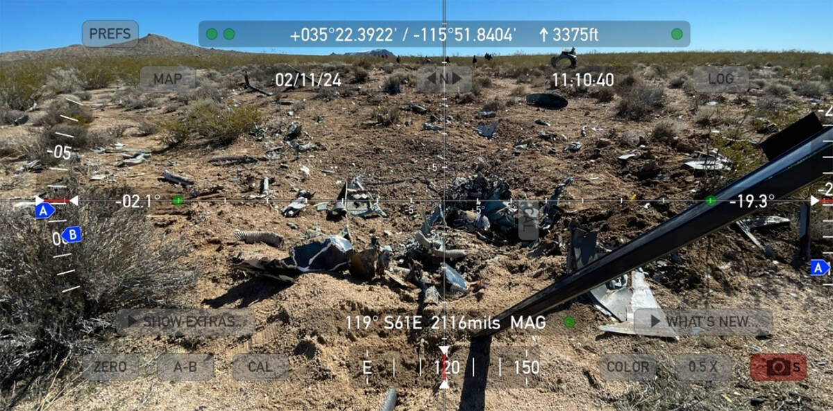 The initial impact ground crater and debris field for the Feb. 9, 2024, helicopter crash that k ...