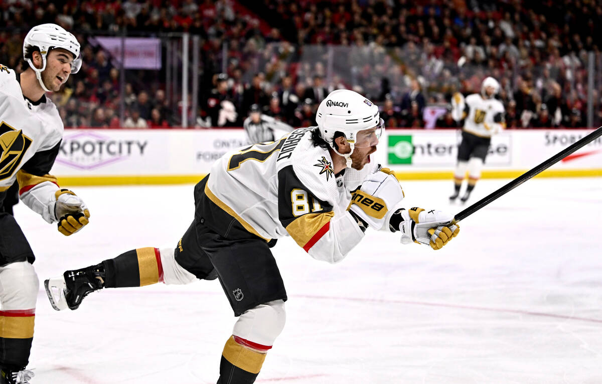 Vegas Golden Knights right wing Jonathan Marchessault (81) celebrates his goal against the Otta ...