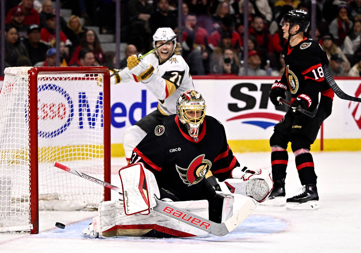 Ottawa Senators goaltender Anton Forsberg (31) gives up a goal to Vegas Golden Knights right wi ...
