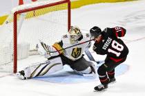 Ottawa Senators centre Tim Stutzle (18) scores on Vegas Golden Knights goaltender Logan Thompso ...