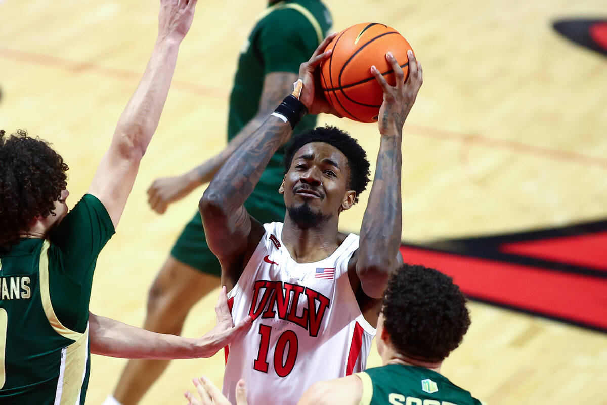 UNLV Rebels forward Kalib Boone (10) shoots against the Colorado State Rams during the first ha ...
