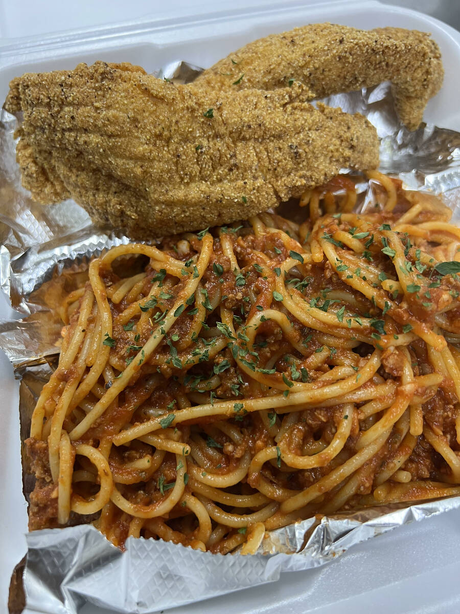 Fried catfish with spaghetti is a popular combo from Downtown