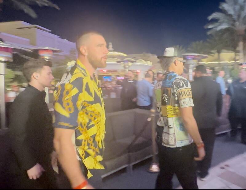 Travis Kelce and Patrick Mahomes are shown entering XS Nightclub and Encore Beach Club on Satur ...
