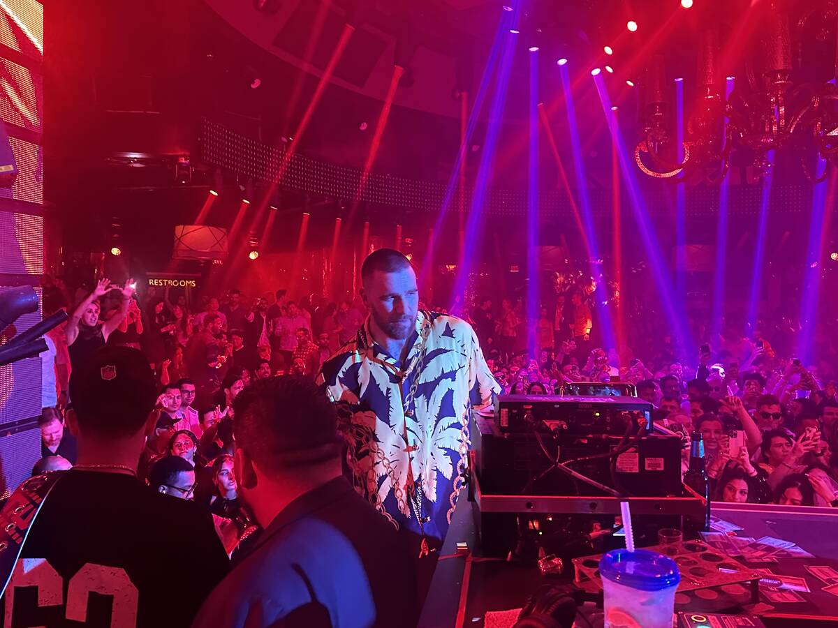 Travis Kelce is shown at XS Nightclub and Encore Beach Club on Saturday, Feb. 24, 2024. (John K ...