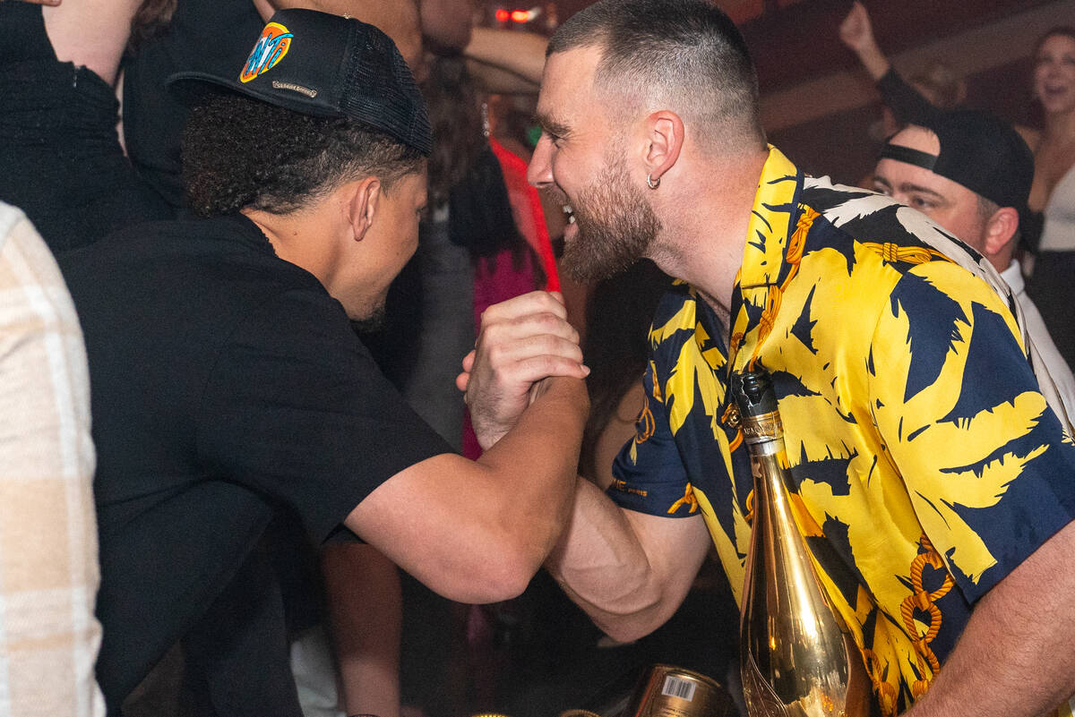 Travis Kelce and Patrick Mahomes are shown at Lavo Champagne Party Brunch on Saturday, Feb. 24, ...