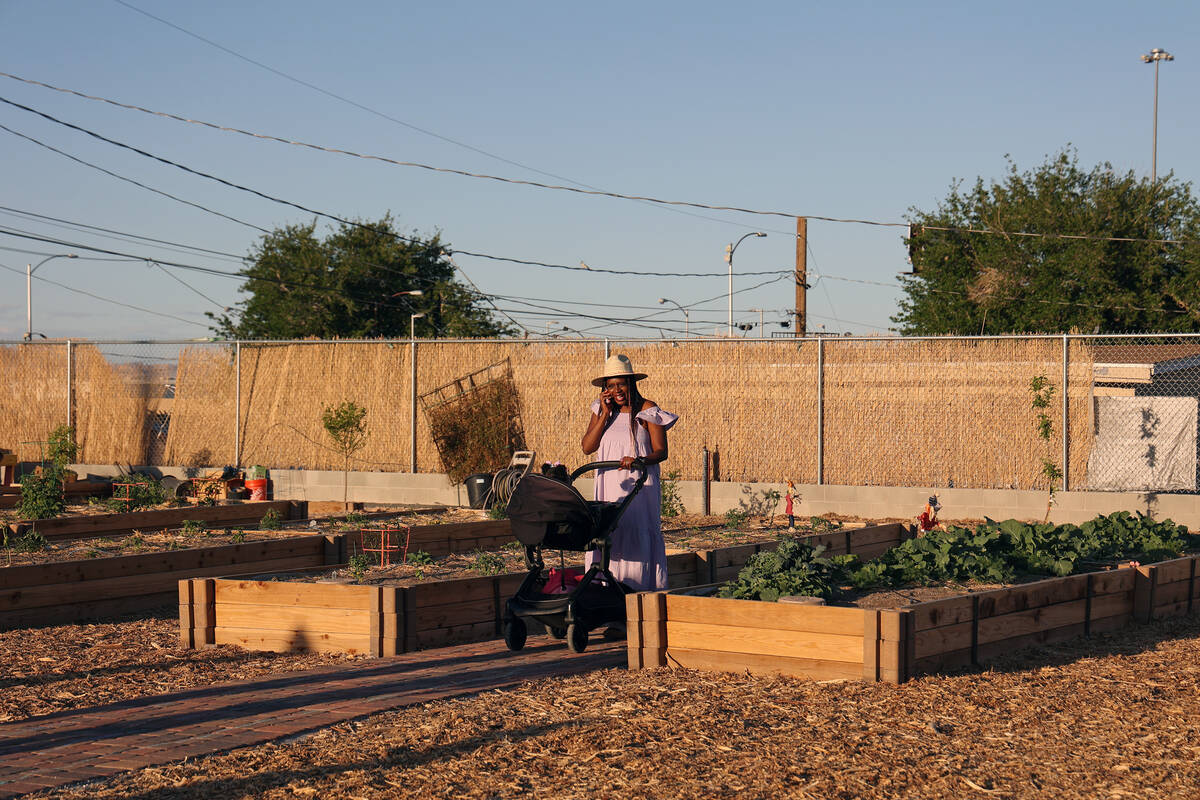 Jillian White takes a phone call in the setting sun near raised beds at the opening of the Obod ...