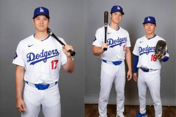 Los Angeles Dodgers designated hitter Shohei Ohtani, left, and starting pitcher Yoshinobu Yamam ...