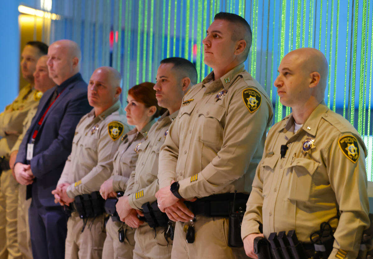 Members of the LVMPD listen as Sheriff Kevin McMahill delivers the State of the Department at t ...