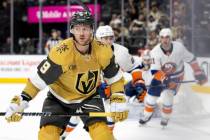 Golden Knights center Jack Eichel (9) skates for the puck during the third period of an NHL hoc ...