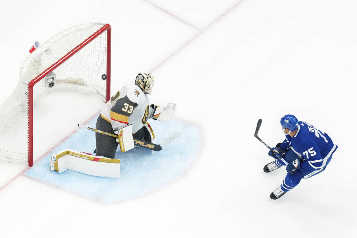 Toronto Maple Leafs' Ryan Reaves (75) scores against Vegas Golden Knights goaltender Adin Hill ...