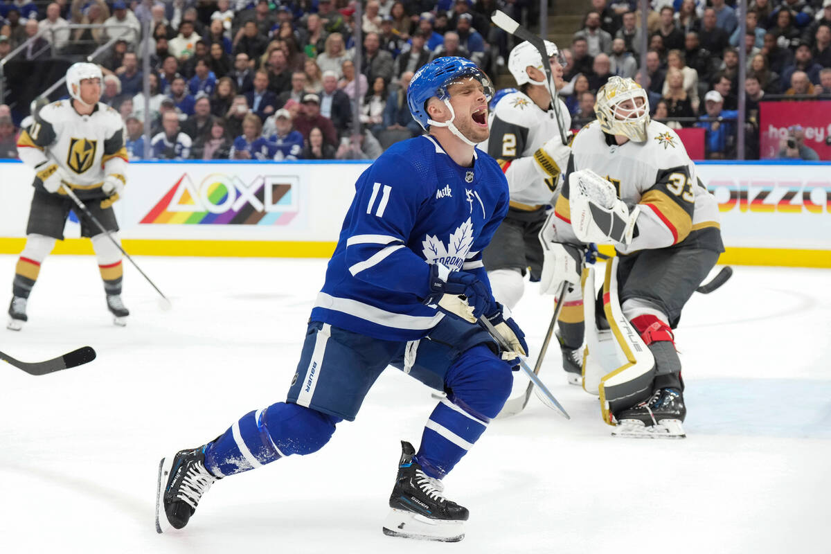 Toronto Maple Leafs' Max Domi (11) reacts after shooting wide of Vegas Golden Knights goaltende ...