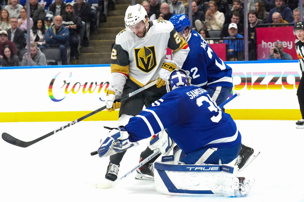 Toronto Maple Leafs goaltender Ilya Samsonov (35) makes a save in front of Vegas Golden Knights ...