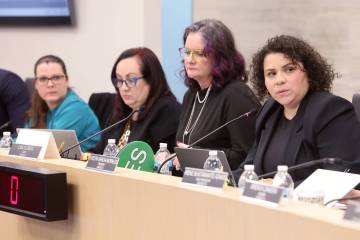 President Evelyn Garcia Morales, right, speaks during a Clark County School Board meeting at th ...
