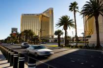 An exterior view of Mandalay Bay in Las Vegas on Wednesday, Feb. 17, 2021. (Chase Stevens/Las V ...