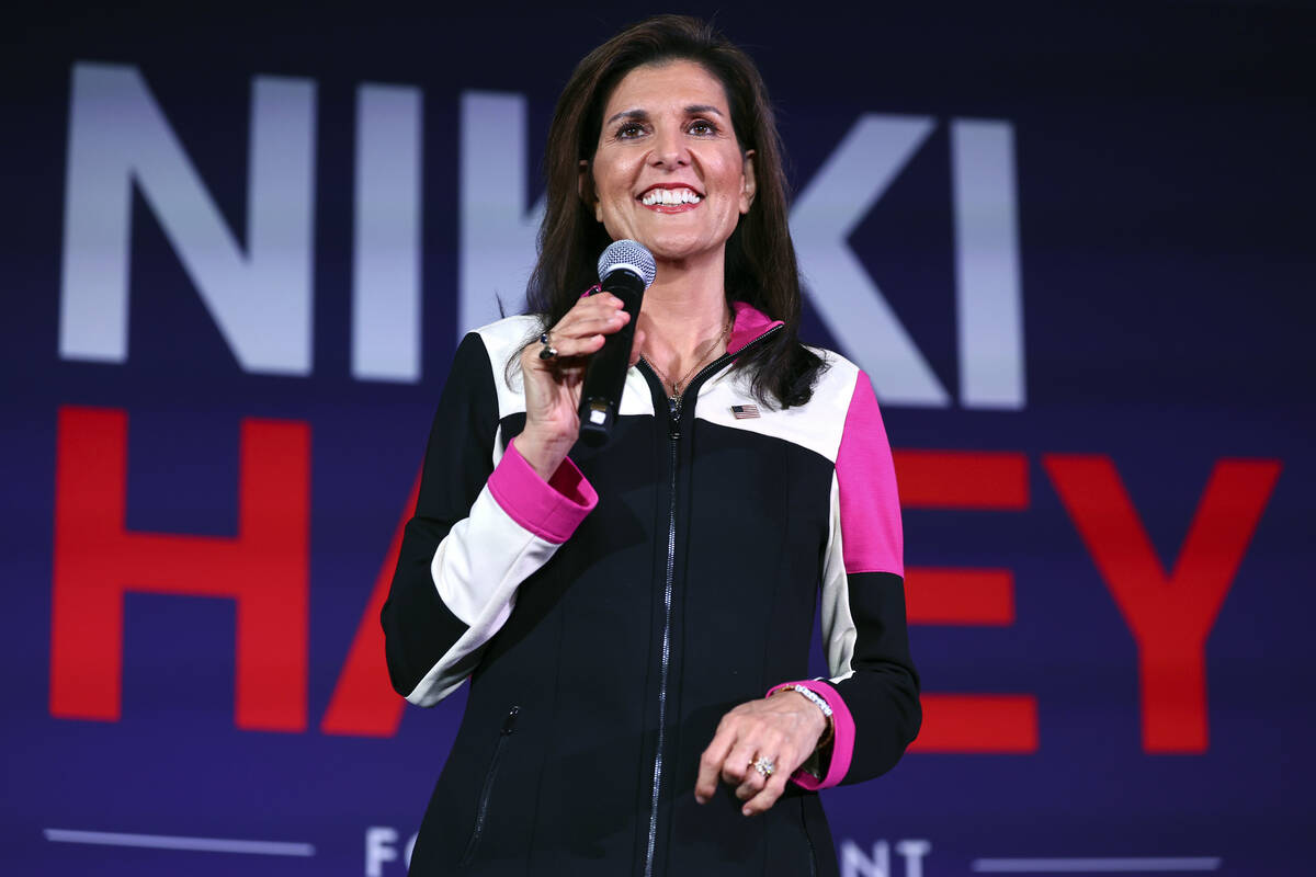 Republican presidential candidate former UN Ambassador Nikki Haley speaks at a campaign event, ...