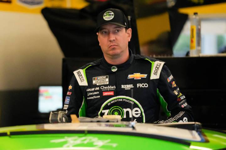 Kyle Busch stands by his car in the garage before a practice session for the NASCAR Daytona 500 ...