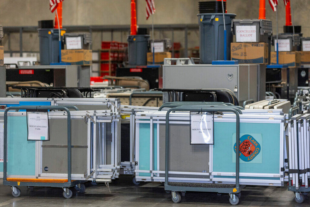 FILE - Ballot equipment is stored for later usage as Nevada Attorney General Aaron Ford and Sec ...