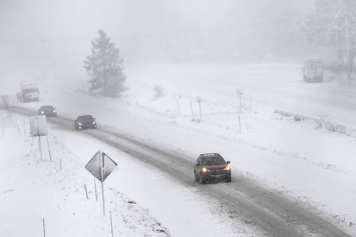 West bound traffic moves slowly on the I-80 at the Donner Pass Exit on Friday, March 1, 2024, i ...