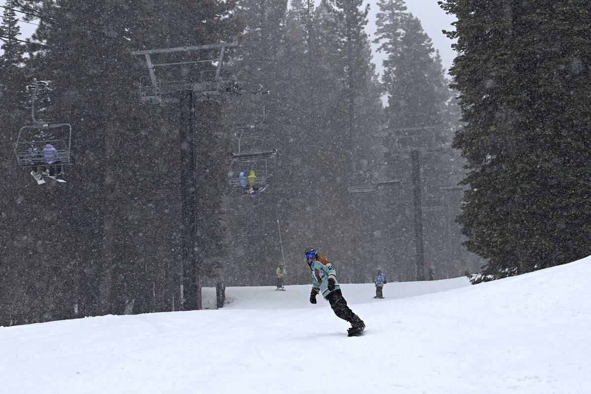 Skiers enjoy a day of skiing and snow fall at North Star California Resort on Thursday, Feb. 29 ...