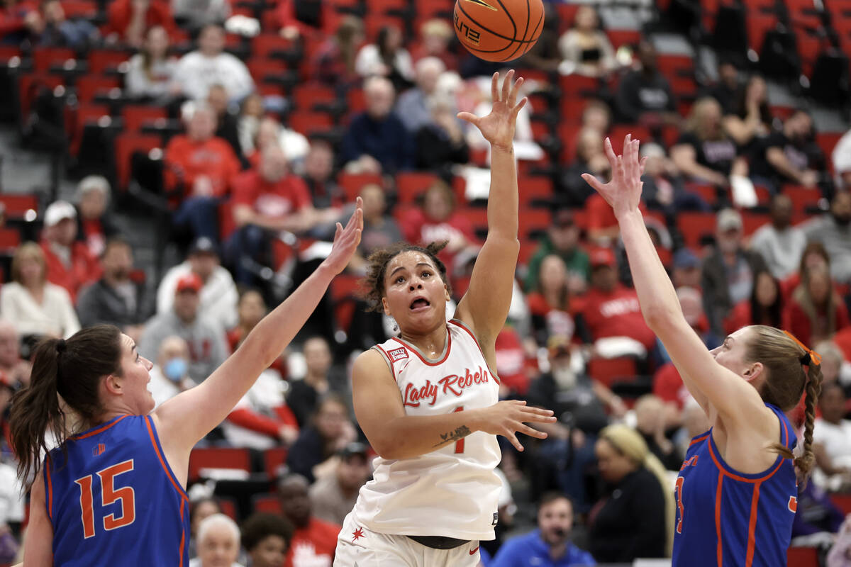 UNLV Lady Rebels forward Nneka Obiazor (1) shoots against Boise State Broncos forward Alyssa Ch ...