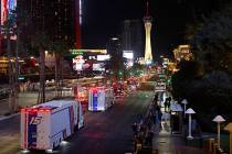 NASCAR Cup Series haulers parade down the Las Vegas Strip, Thursday, March 2, 2023. (Chitose S ...