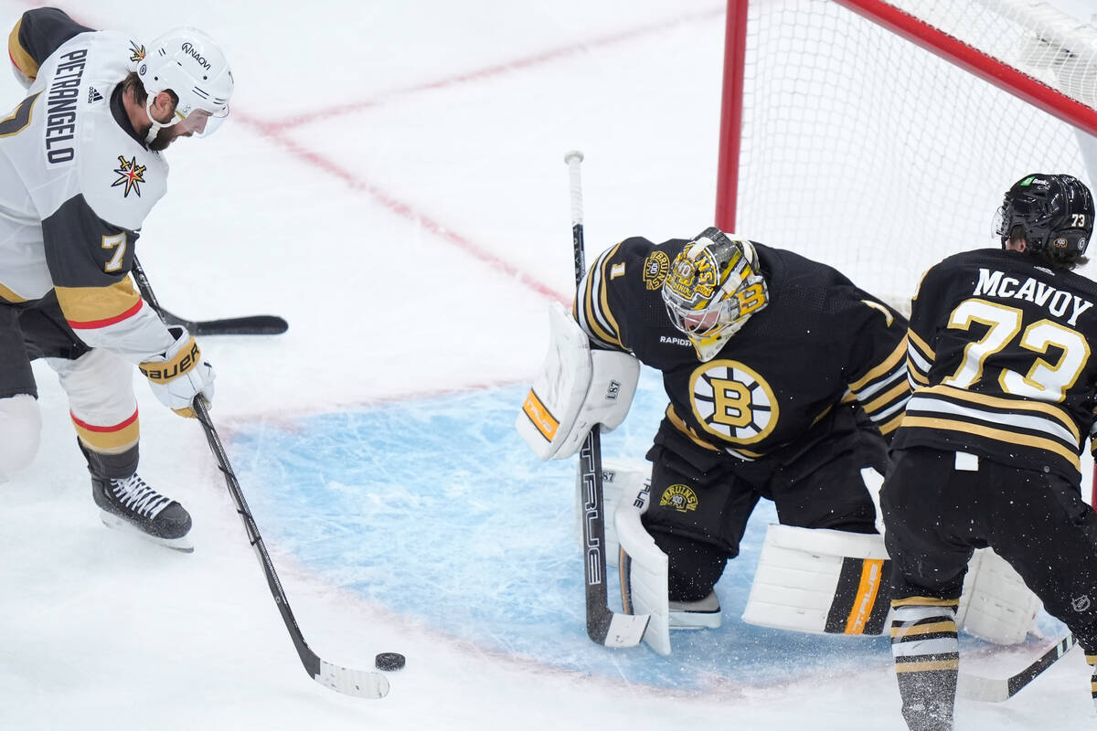 Vegas Golden Knights defenseman Alex Pietrangelo (7) shoots, scoring a goal on Boston Bruins go ...