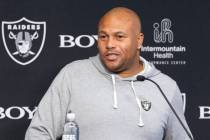 Raiders interim head coach Antonio Pierce addresses the media during a news conference at the I ...