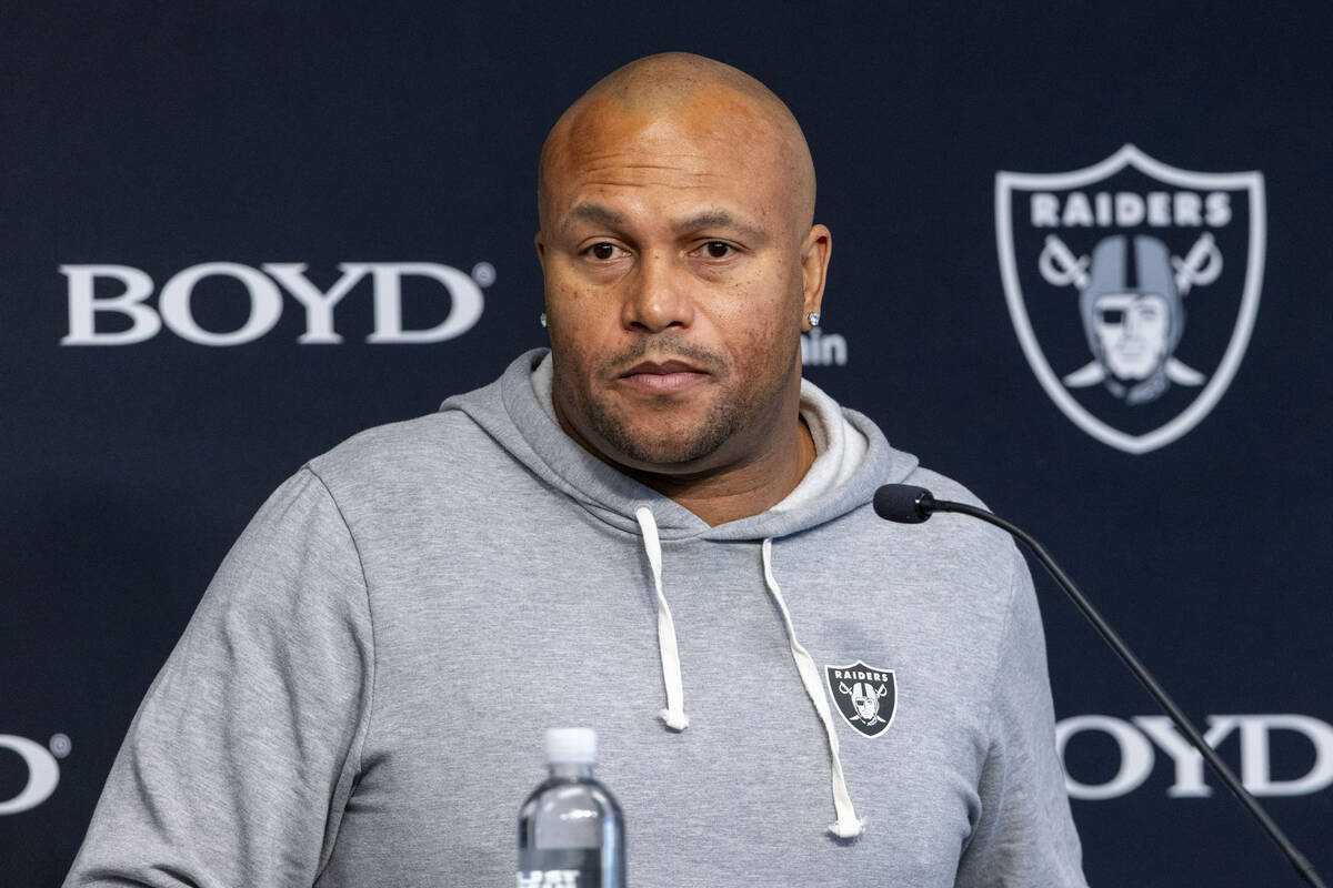 Raiders interim head coach Antonio Pierce takes questions from the media during a news conferen ...