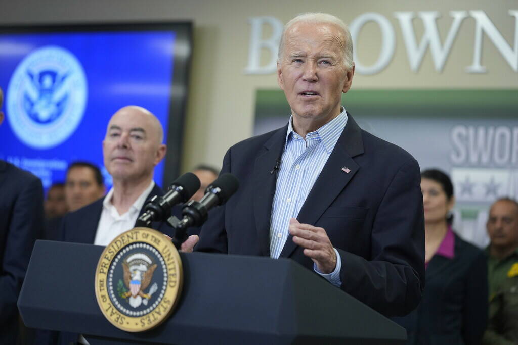 President Joe Biden delivers remarks during a visit to the southern border, Thursday, Feb. 29, ...