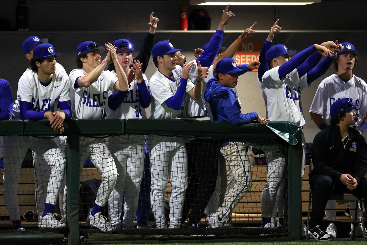 Bishop Gorman cheers for their team during a high school baseball game against Basic at Bishop ...