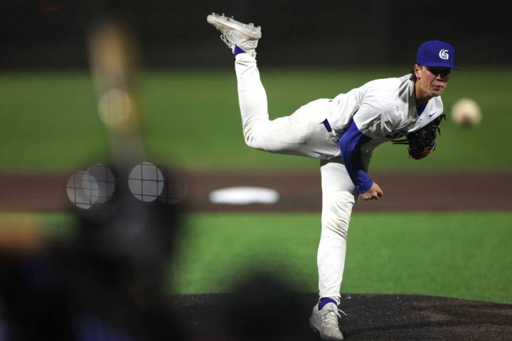 Bishop Gorman pitcher James Whitaker throws to Basic during a high school baseball game at Bish ...