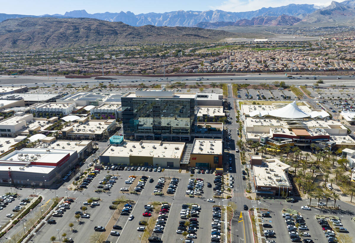 An aerial view of One Summerlin, a 9-story office building, center, in downtown Summerlin, on T ...