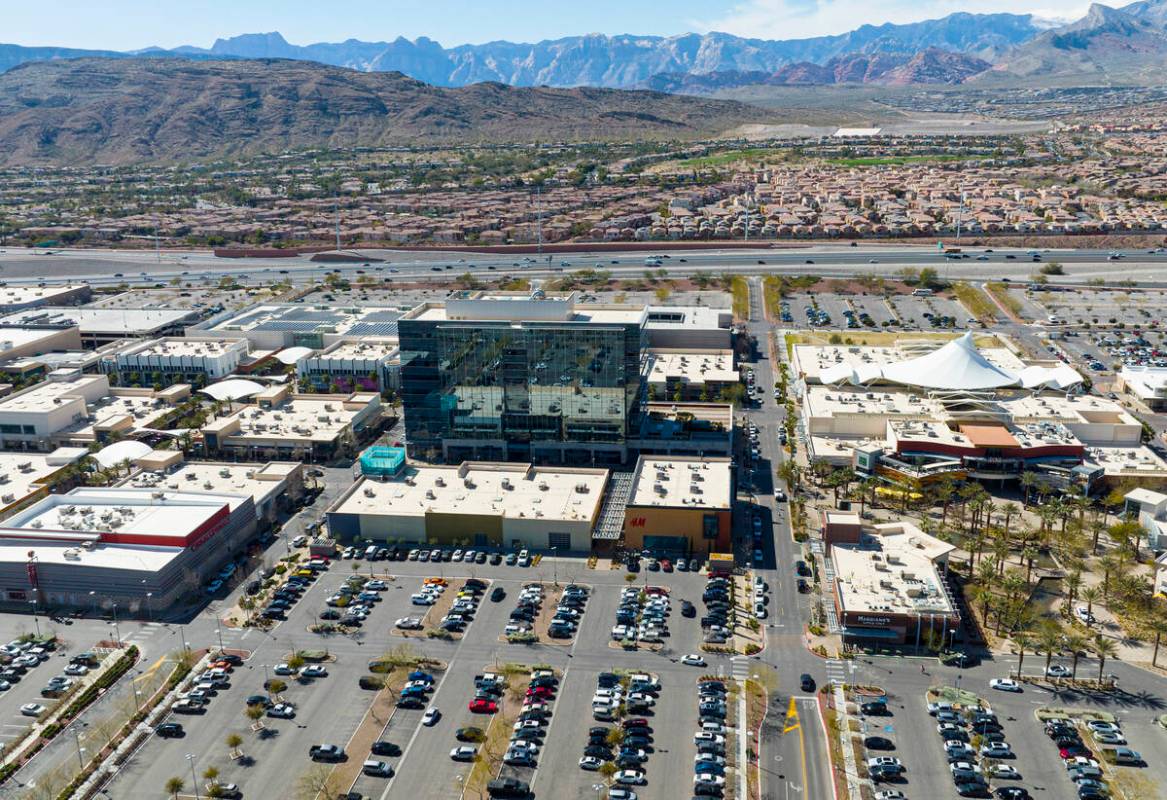 An aerial view of One Summerlin, a 9-story office building, center, in downtown Summerlin, on T ...