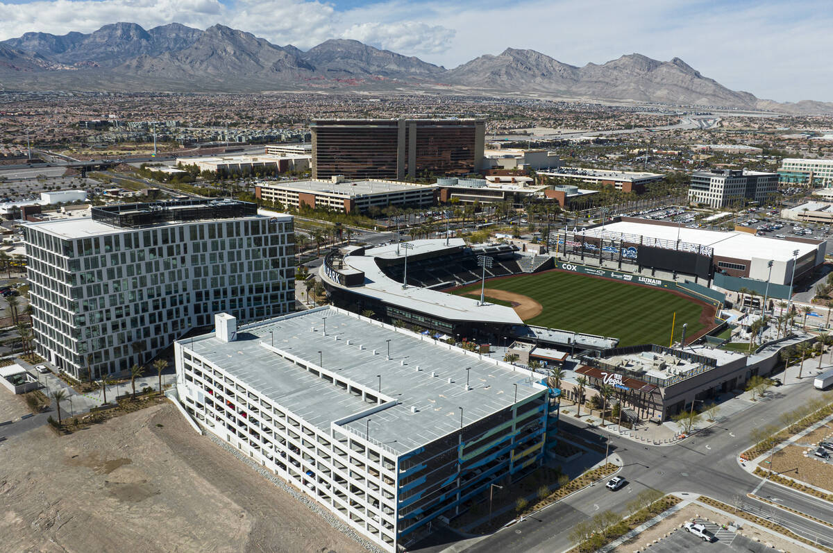 An aerial view of 1700 Pavilion, left, a 10-story office building, Red Rock Casino Resort and S ...