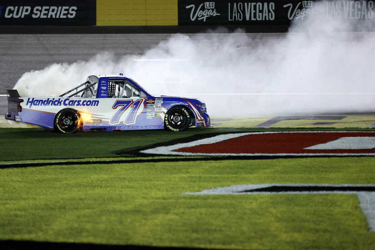Rajah Caruth does a burnout after winning the Victoria's Voice Foundation 200 NASCAR Craftsman ...