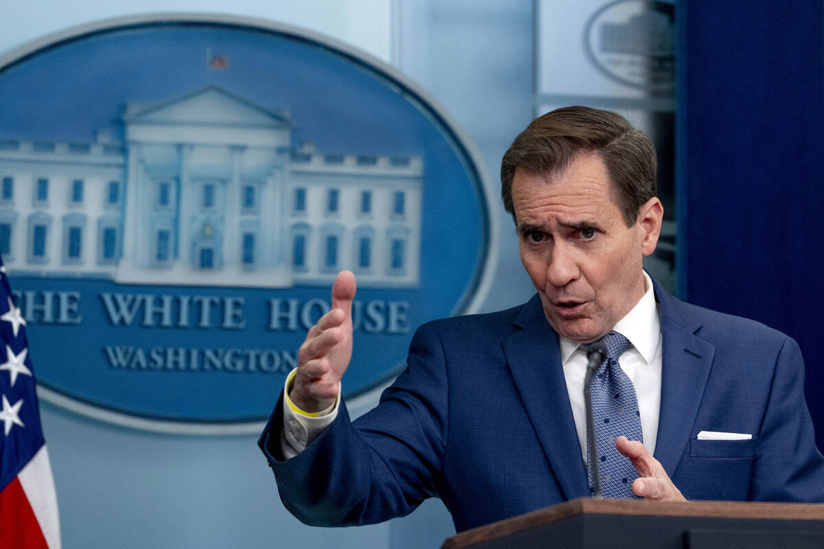 White House national security communications adviser John Kirby speaks at a press briefing at t ...
