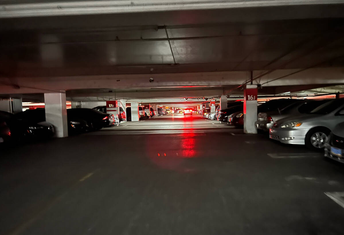 A dark parking garage at Fashion Show Mall on Saturday, March 2, 2024. (Caitlin Lilly/Las Vegas ...