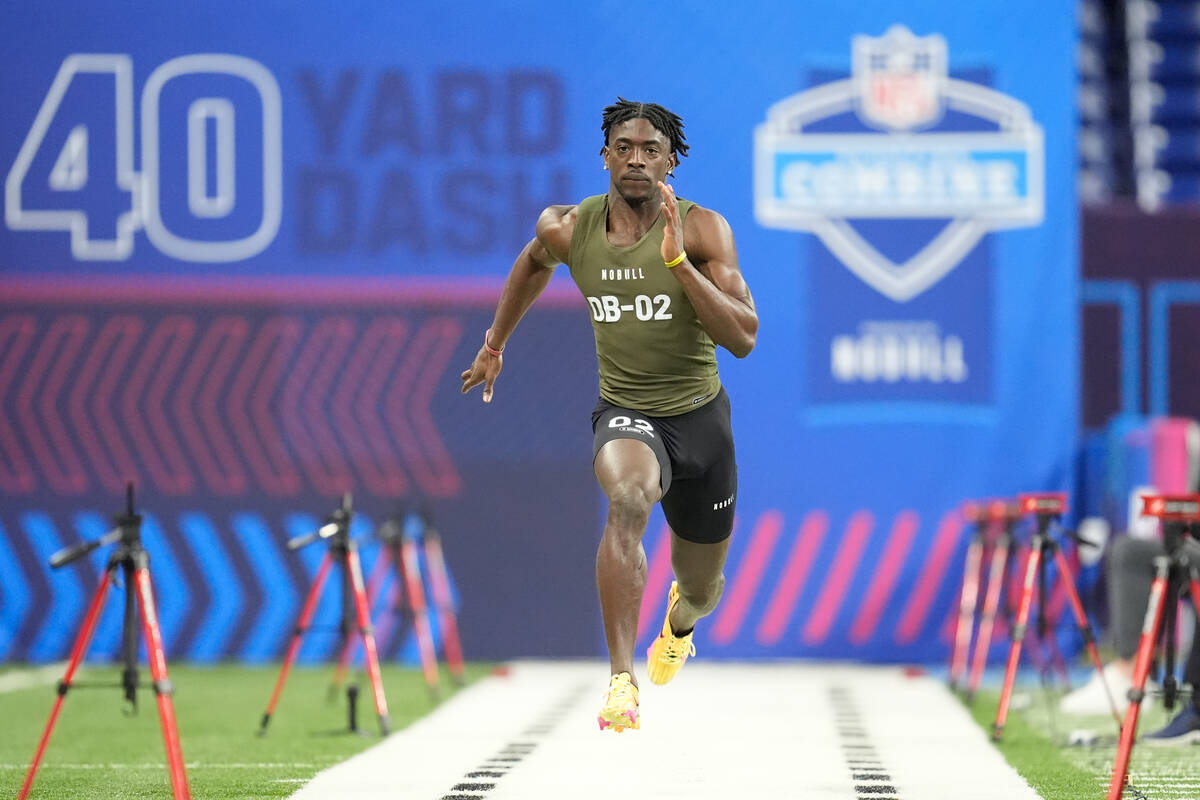 Alabama defensive back Terrion Arnold runs the 40-yard dash at the NFL football scouting combin ...