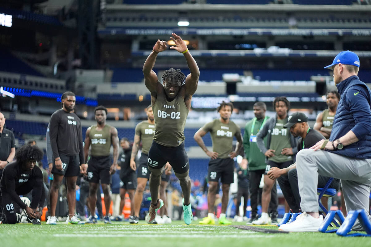 Alabama defensive back Terrion Arnold runs a drill at the NFL football scouting combine, Friday ...