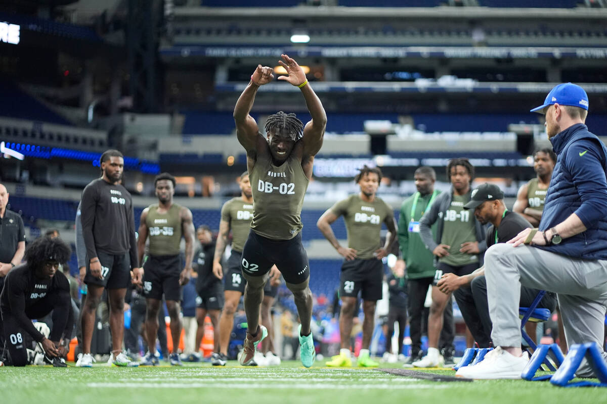 Alabama defensive back Terrion Arnold runs a drill at the NFL football scouting combine, Friday ...