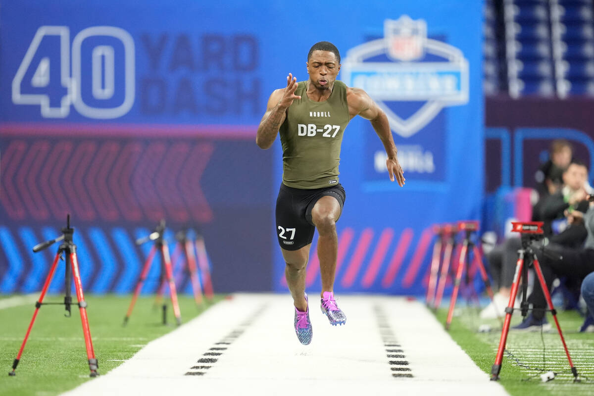 Toledo defensive back Quinyon Mitchell runs the 40-yard dash at the NFL football scouting combi ...
