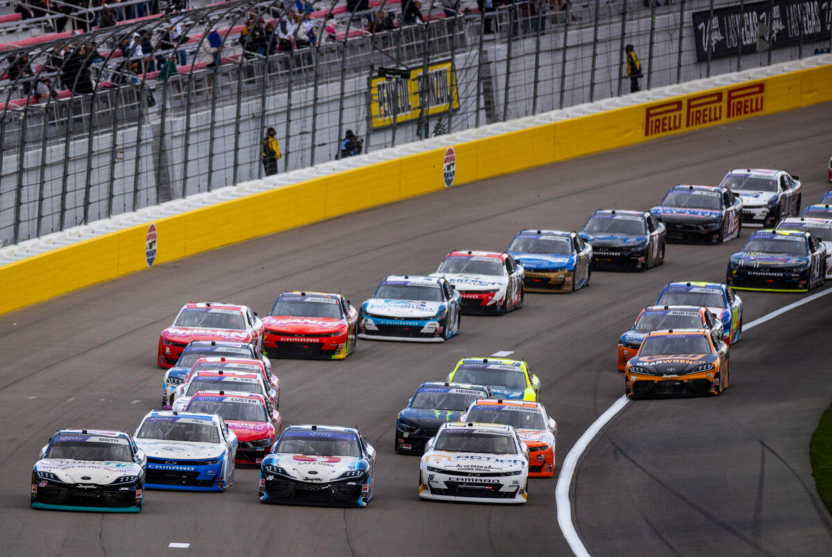 Cars approach the start/finish line during the LiUNA NASCAR Xfinity Series race at the Las Vega ...