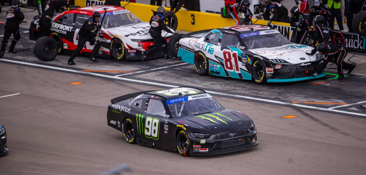 Driver Riley Herbst, 98, leaves pit row during the LiUNA NASCAR Xfinity Series race at the Las ...