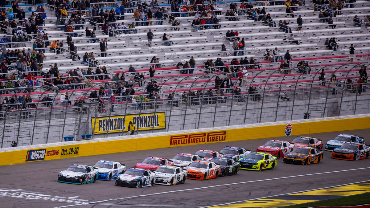 Cars approach the start/finish line during the LiUNA NASCAR Xfinity Series race at the Las Vega ...