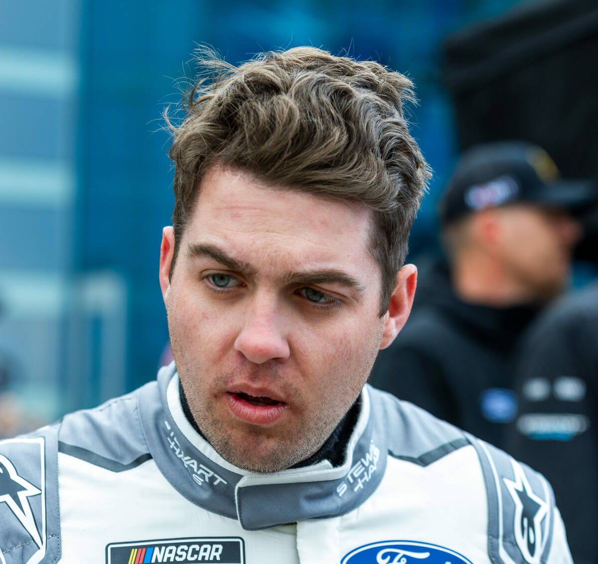 Driver Noah Gragson, #10 with Stewart-Haas Racing Ford, readies to enter his car for the Pennz ...