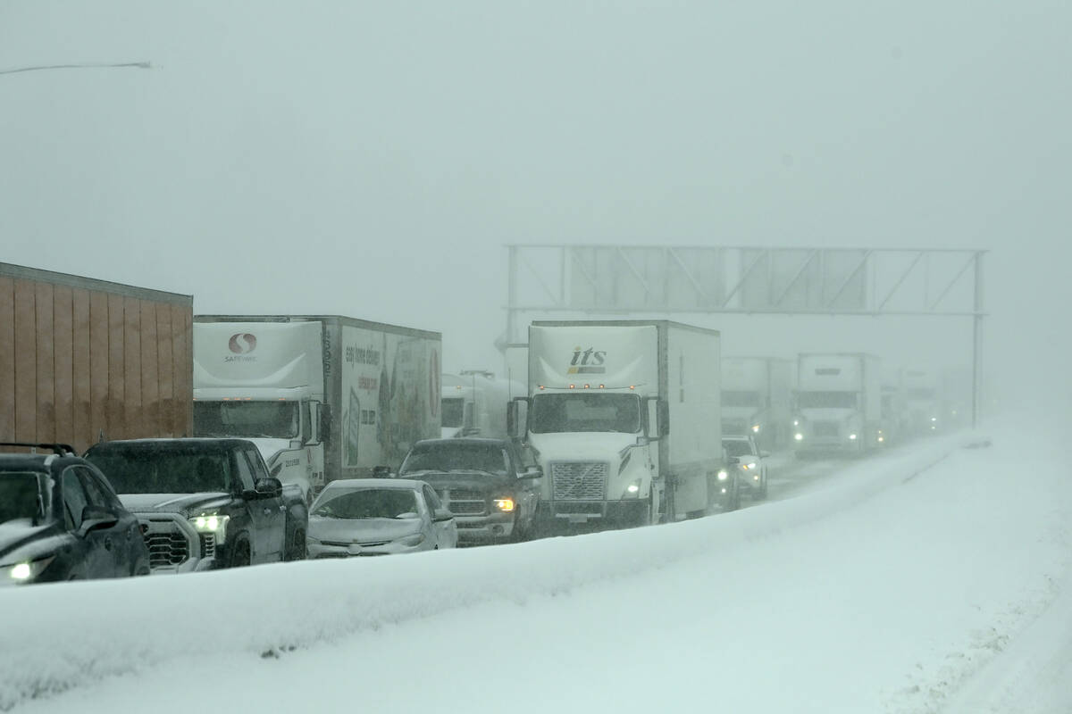 Westbound traffic is backed up on the I-80 near the Donner Pass exit on Friday, March 1, 2024, ...